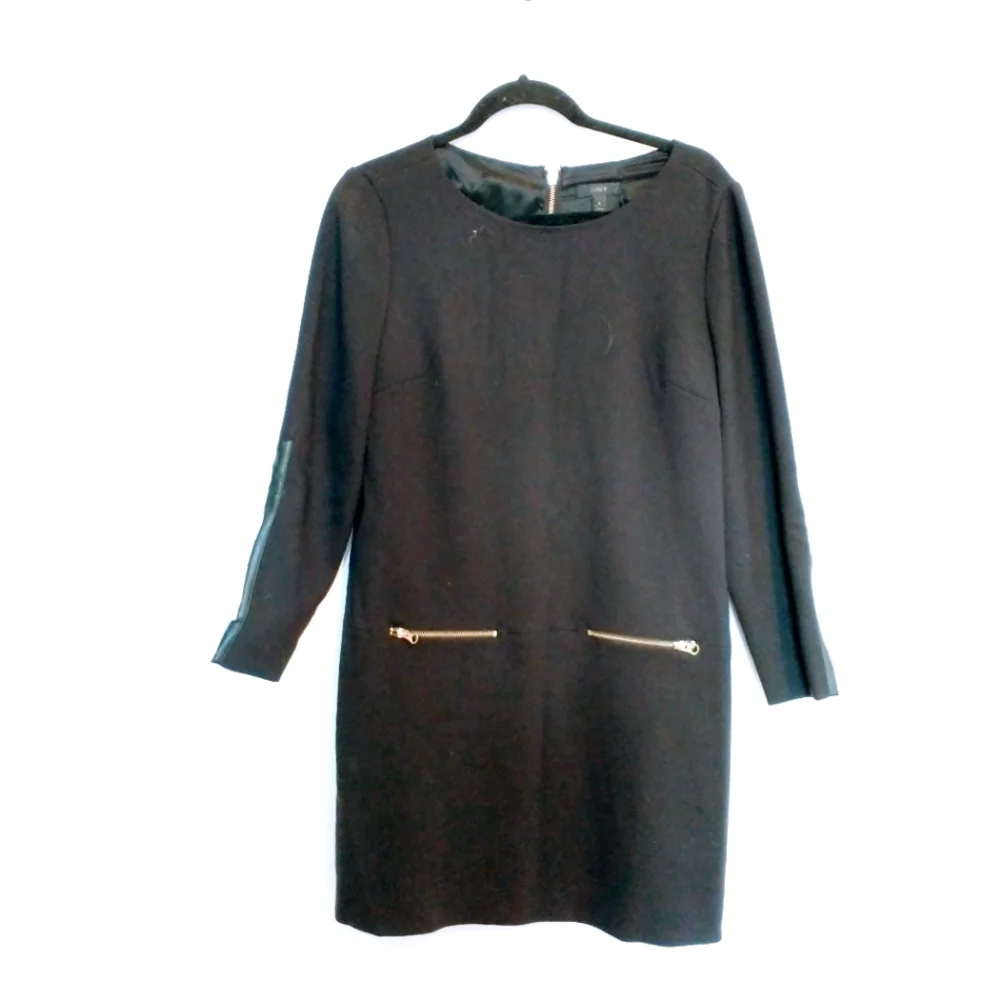J Crew shift black dress with gold zipper detailing. Size 8, leather elbow patch